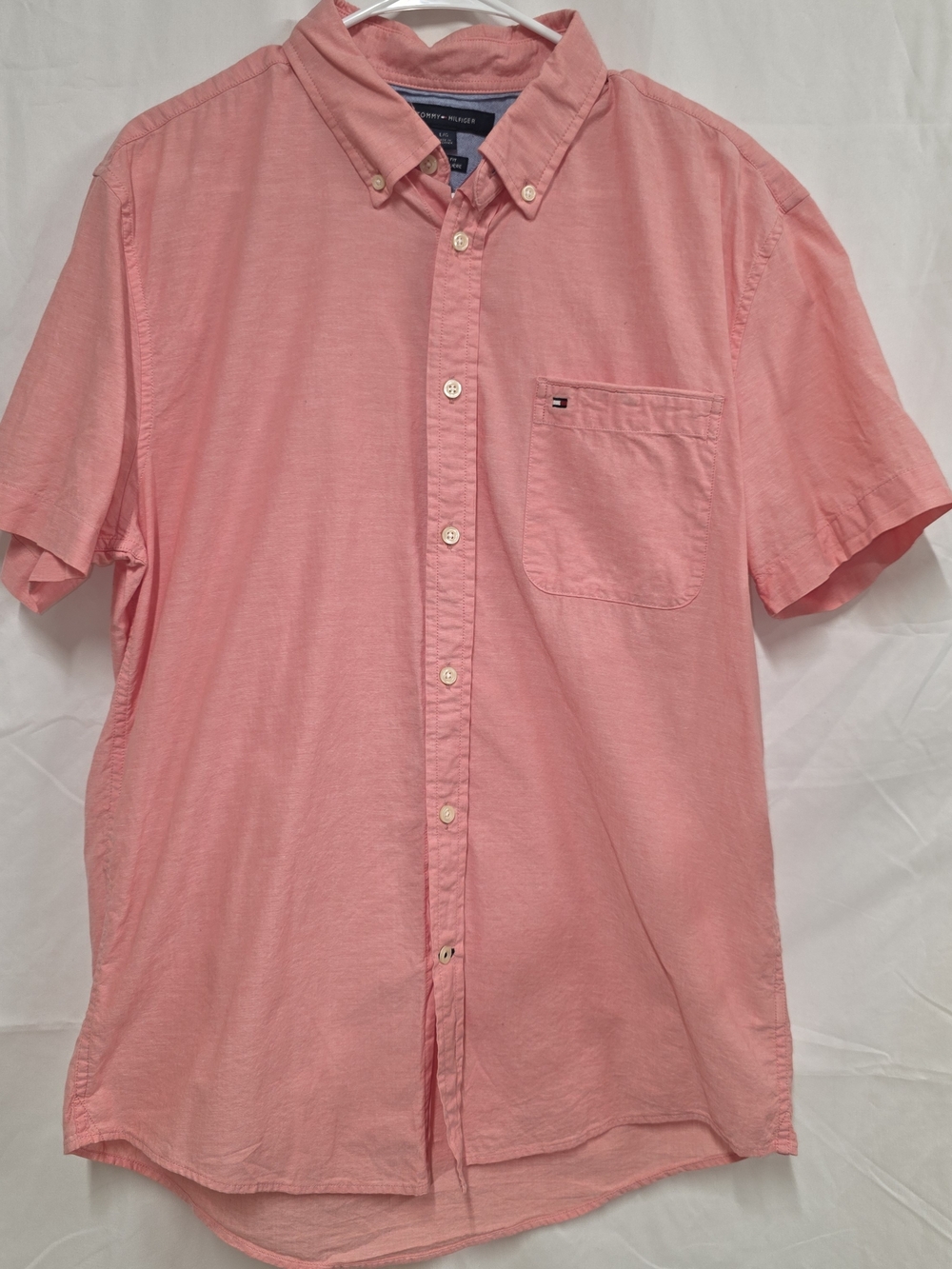 Tommy Hilfiger Men's Coral-Pink Short Sleeve Button-Down Shirt Large